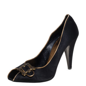 Le Silla Black Satin Buckle Peep-Toe Pumps Size 39