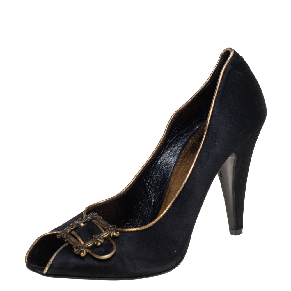 luxury-women-le-silla-used-shoes-p445536-006 Le Silla Black Satin Buckle Peep-Toe Pumps Size 39