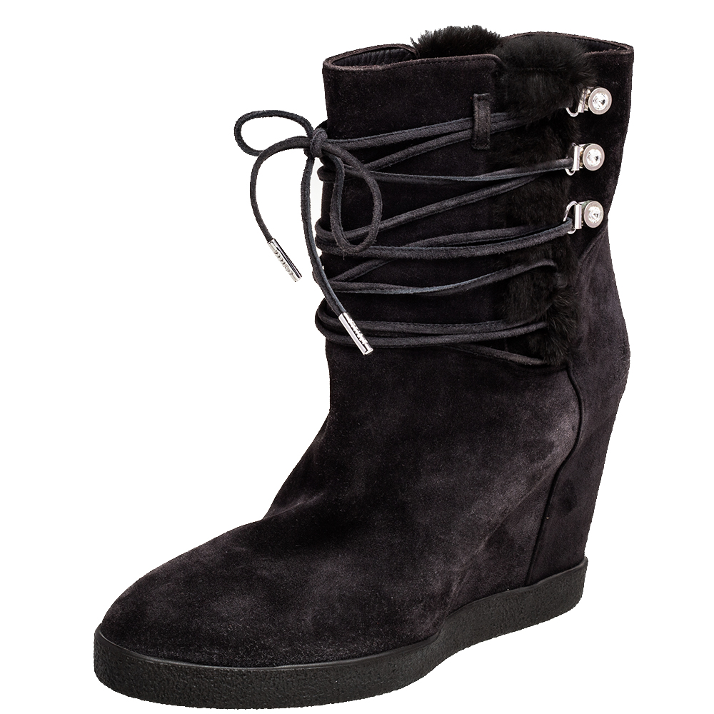 luxury-women-le-silla-used-shoes-p471625-006 Le Silla Grey Suede Fur Detail Hidden Wedge Ankle Boots Size 37