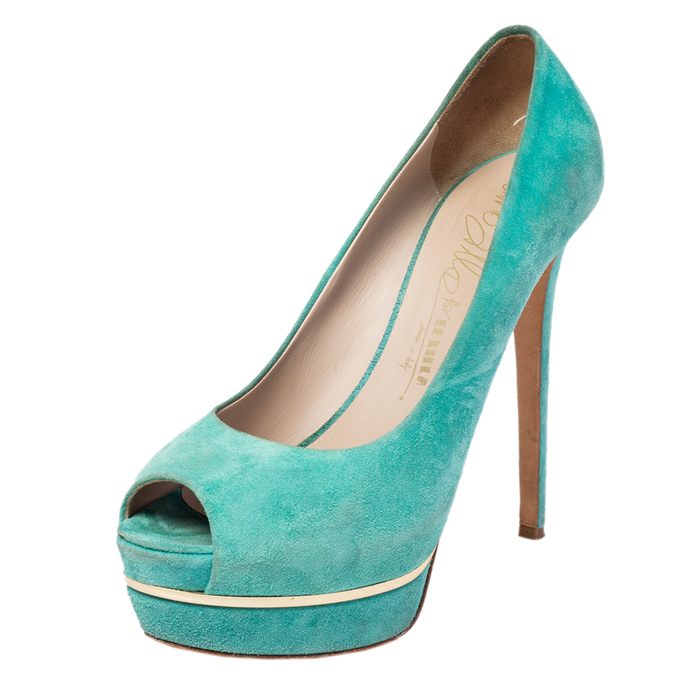 Le Silla Green Suede Peep Toe Platform Pumps Size 40