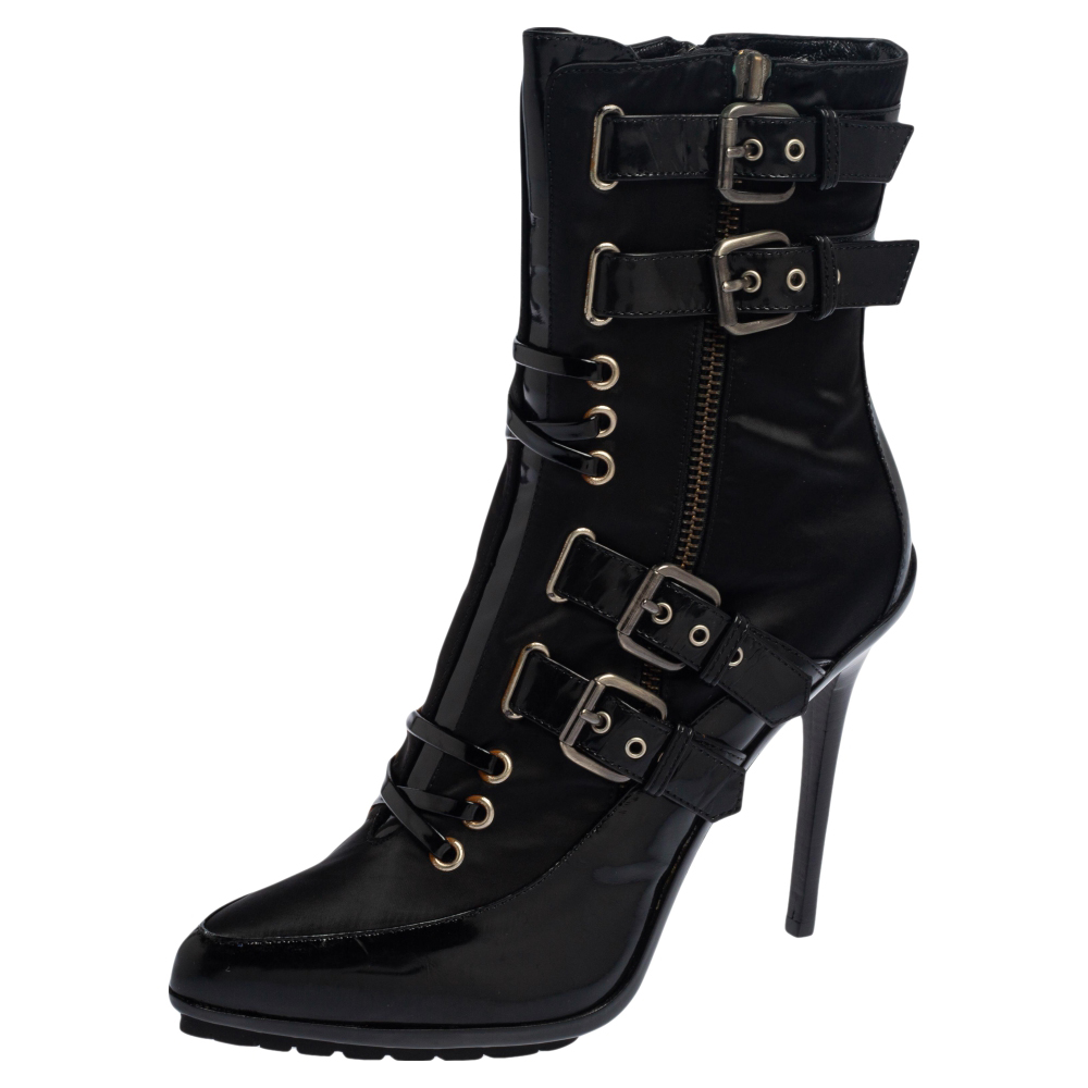 luxury-women-le-silla-used-shoes-p537308-007 Enio Silla For Le Silla Black Patent Leather And Nylon Platform Ankle Boots Size 39.5