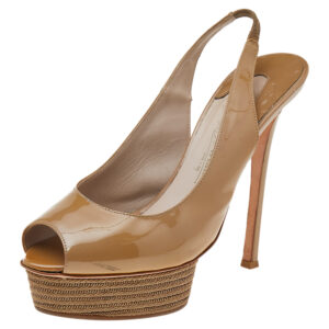 Le Silla Beige Patent Leather Peep Toe Slingback Sandals Size 40