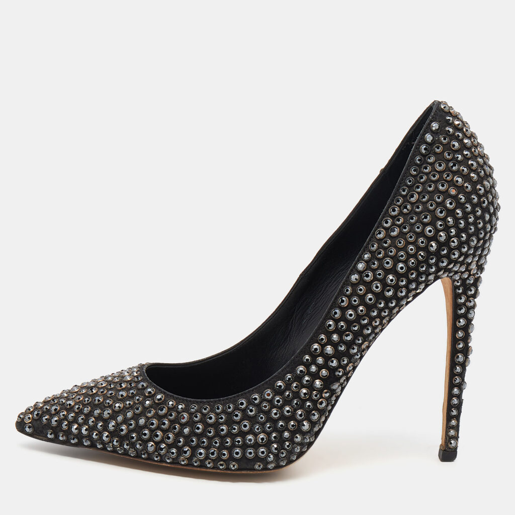 luxury-women-le-silla-used-shoes-p635963-003-2 Le Silla Black Leather Crystal Embellished Pointed Toe Pumps Size 38