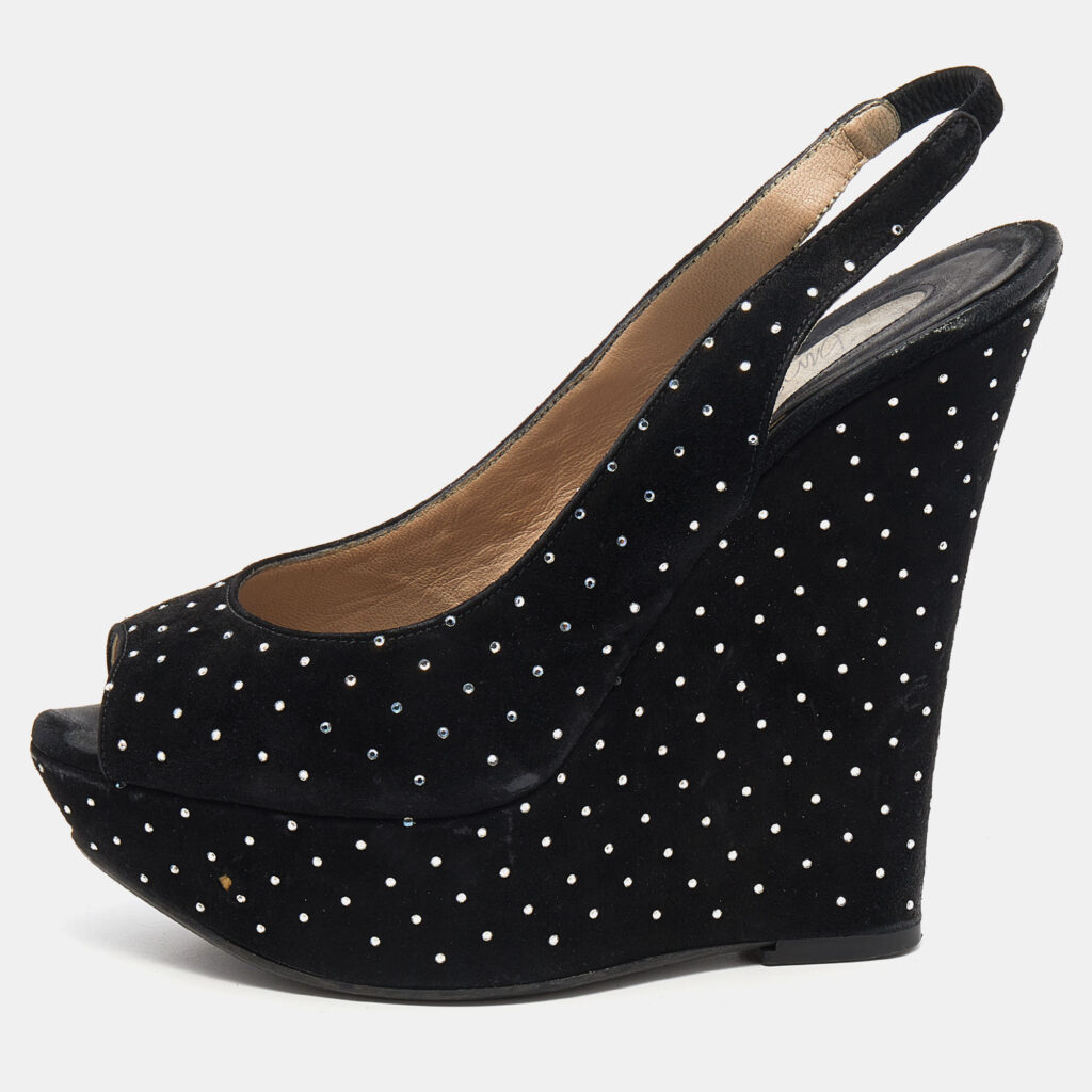 luxury-women-le-silla-used-shoes-p636295-003 Le Silla Black Suede Crystal Embellished Wedge Platform Slingback Sandals Size 38