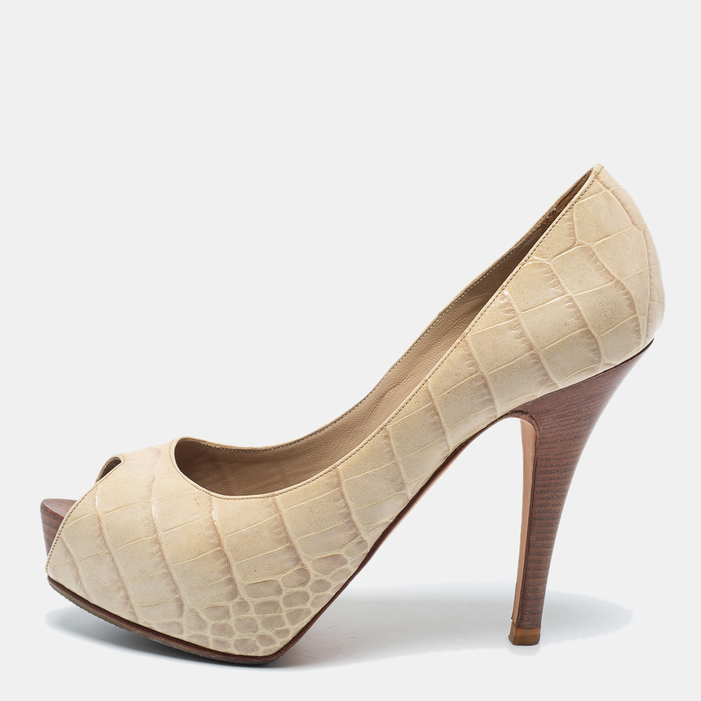luxury-women-le-silla-used-shoes-p720950-001 Le Silla Cream Croc Embossed Leather Peep Toe Pumps Size 36.5