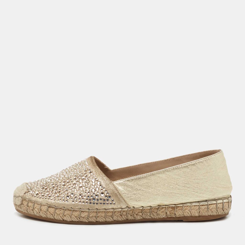 luxury-women-le-silla-used-shoes-p755720-003 Le Silla Metallic Gold Leather Crystal Embellishments Espadrilles Flats Size 36