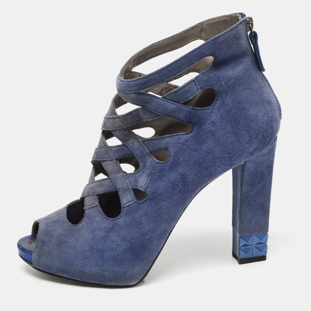 luxury-women-le-silla-used-shoes-p797900-010 Le Silla Blue Suede Cut Out Peep Toe Platform Ankle Boots Size 38.5