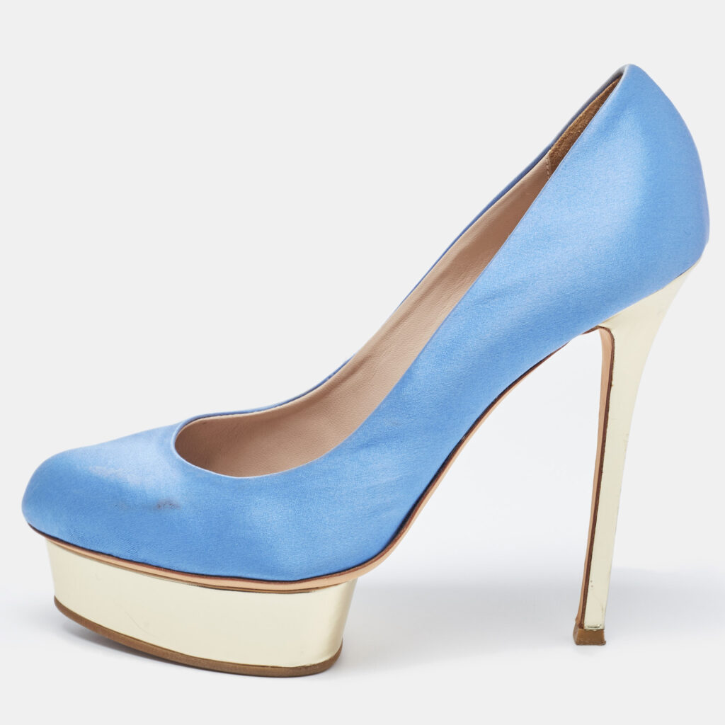 luxury-women-le-silla-used-shoes-p847770-001 Le Silla Blue Satin Platform Pumps Size 39.5