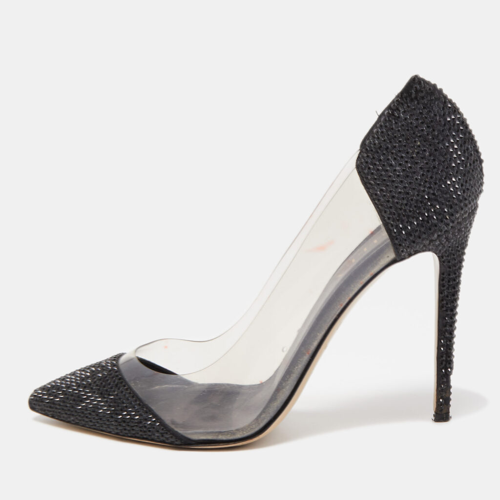 luxury-women-le-silla-used-shoes-p852861-001 Le Silla Black Crystal Embellished Leather and PVC Pointed Toe Pumps Size 40