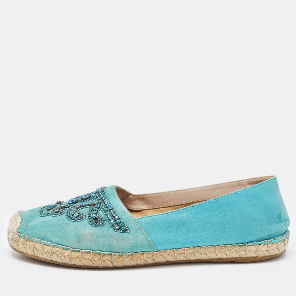 luxury-women-le-silla-used-shoes-p895876-001 Le Silla Turquoise Suede and Leather Crystal Embellished Espadrille Flats Size 39
