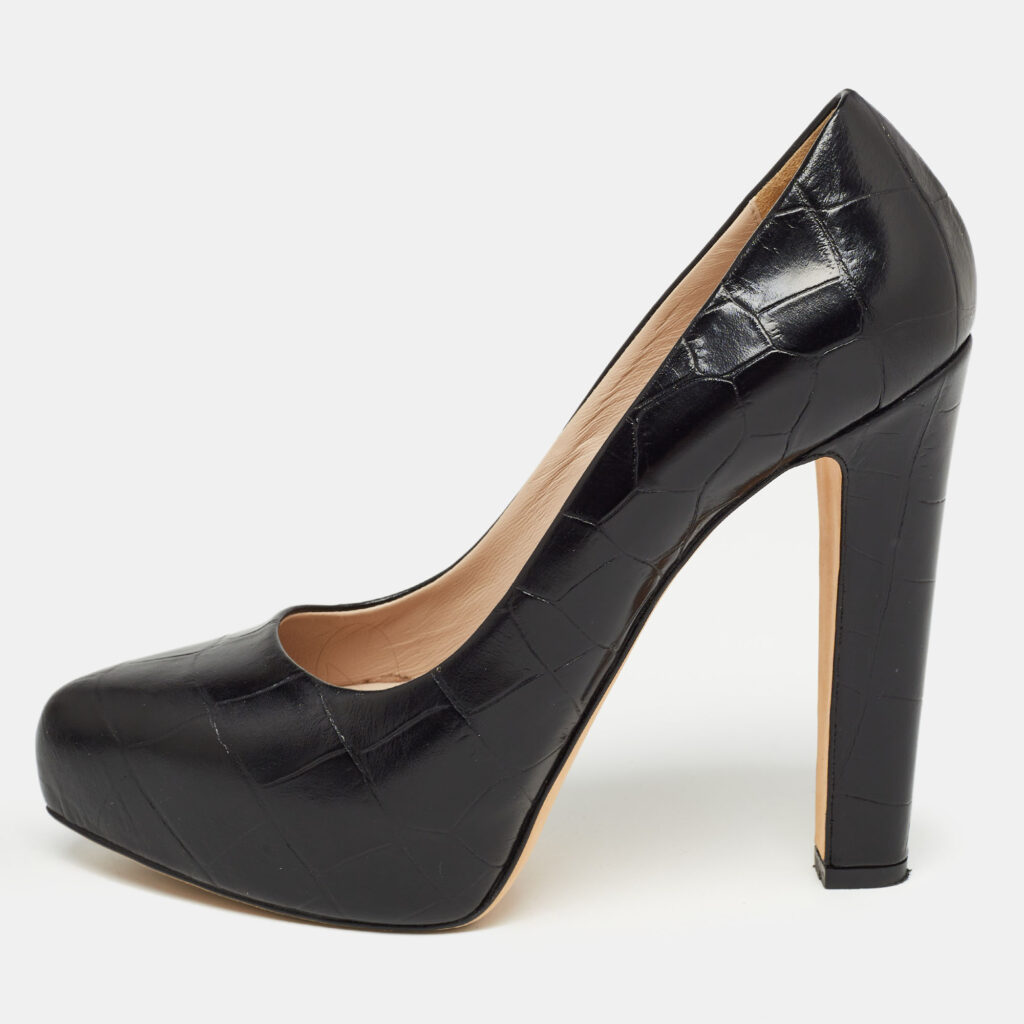 luxury-women-le-silla-used-shoes-p928240-003 Le Silla Black Croc Embossed Leather Platform Pumps Size 38.5