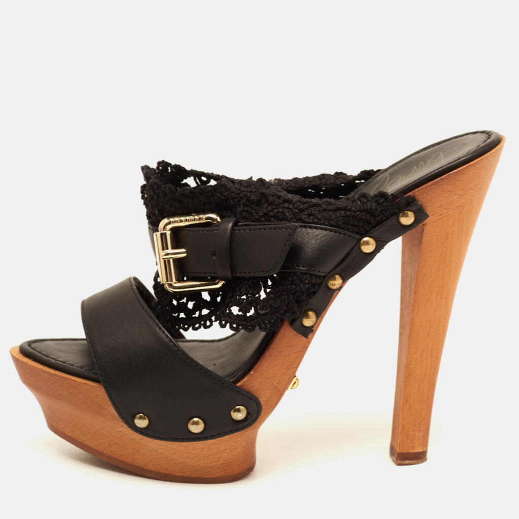 luxury-women-le-silla-used-shoes-p928313-001 Le Silla Black Leather and Lace Wooden Platform Slide Sandals Size 36