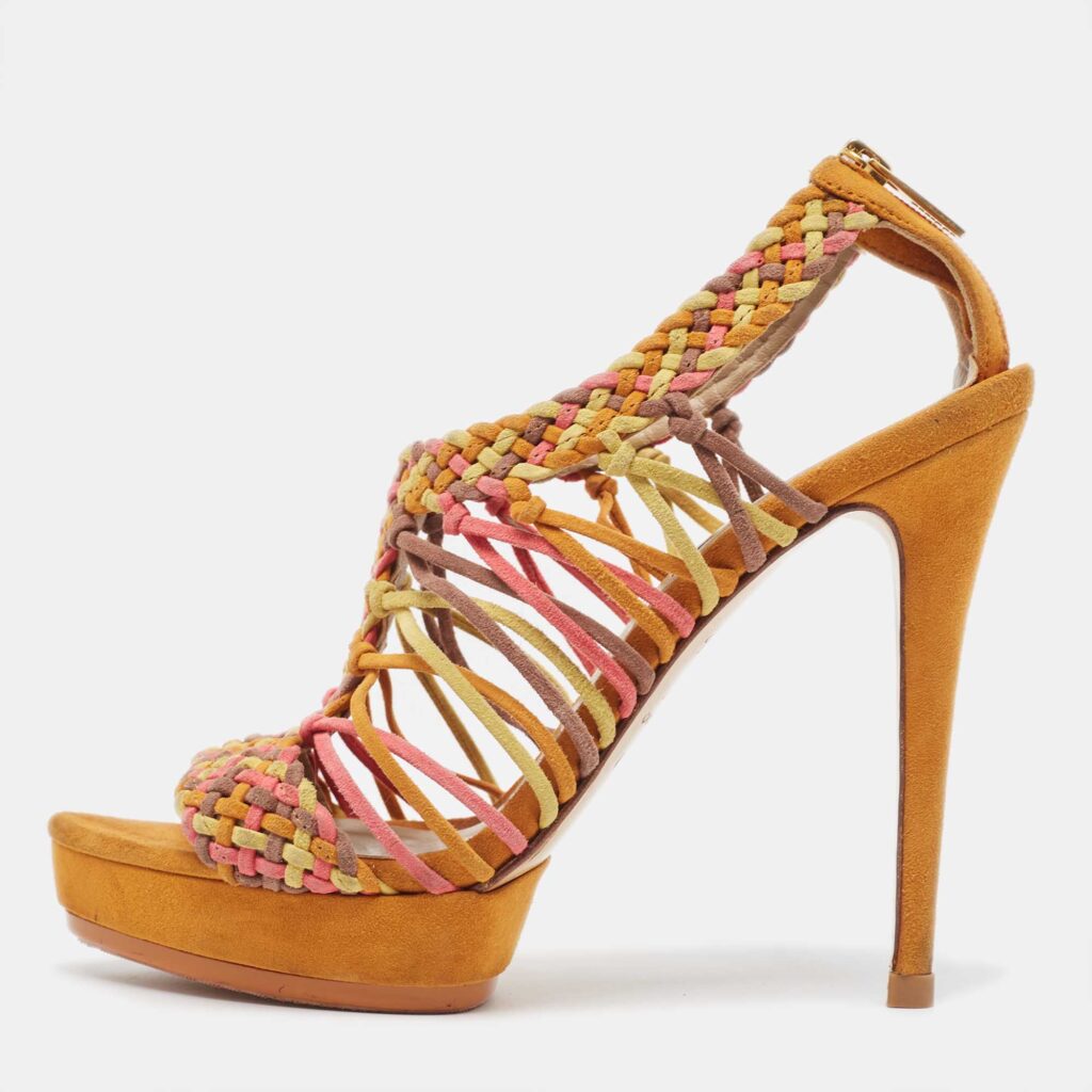 luxury-women-le-silla-used-shoes-p961408-003 Le Silla Multicolor Suede Woven Platform Sandals Size 36.5