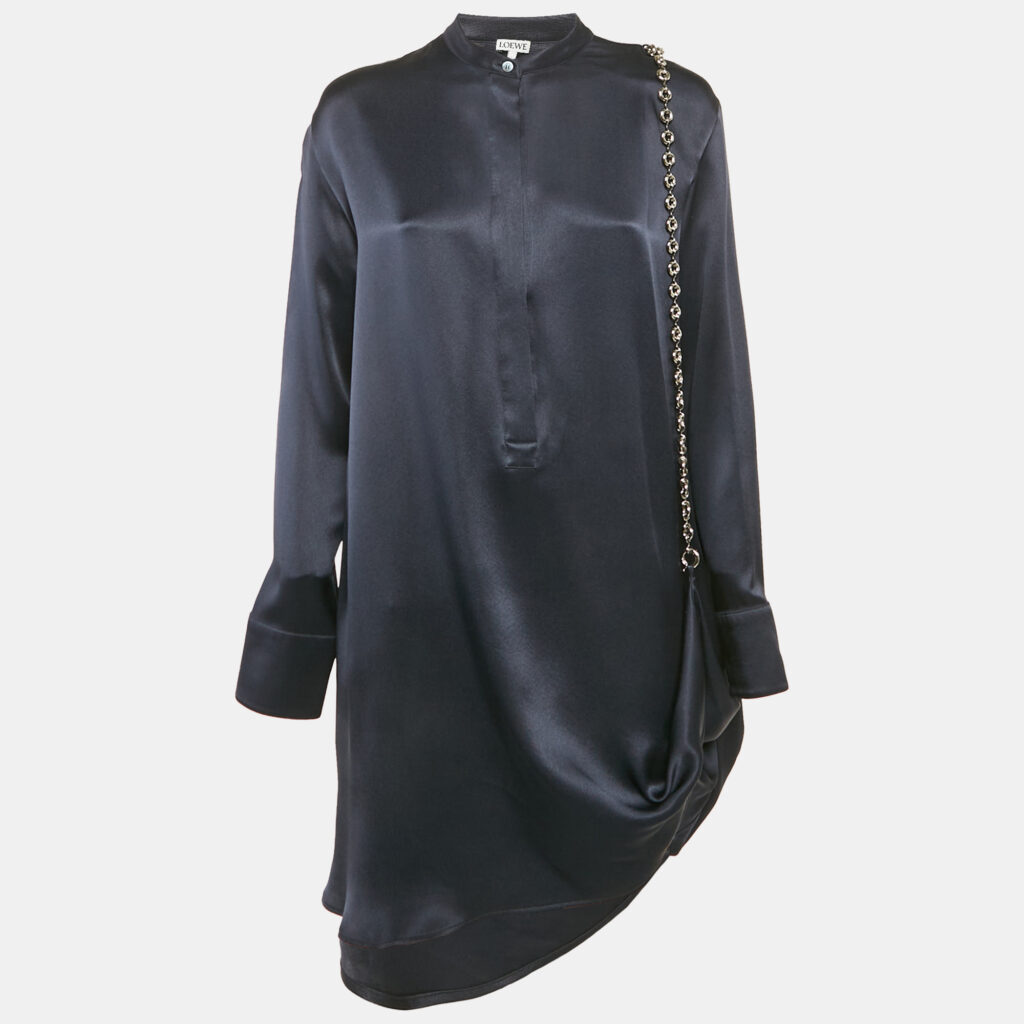 luxury-women-loewe-used-clothes-p1167879-001 Loewe Navy Blue Satin Chain Detail Short Shirt Dress S
