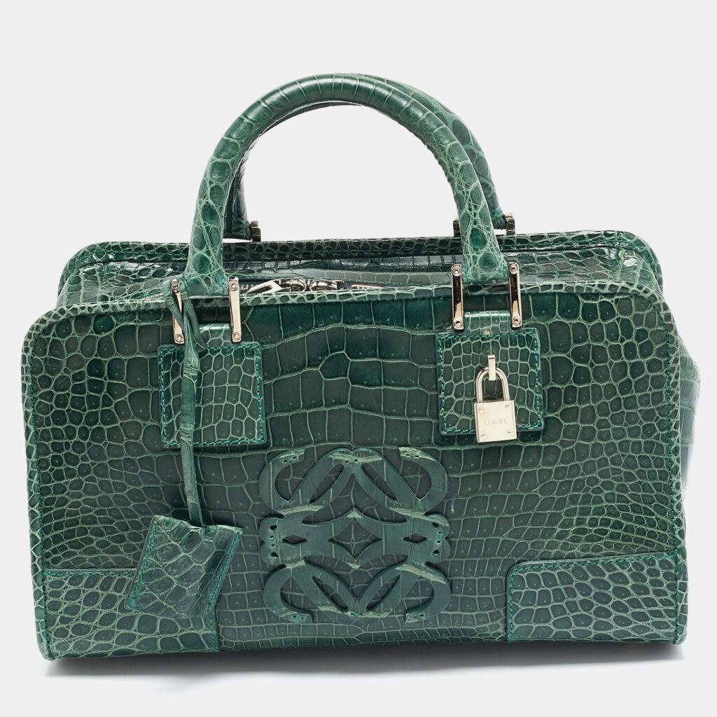 luxury-women-loewe-used-handbags-p1024464-013 Loewe Green Crocodile Amazona Satchel