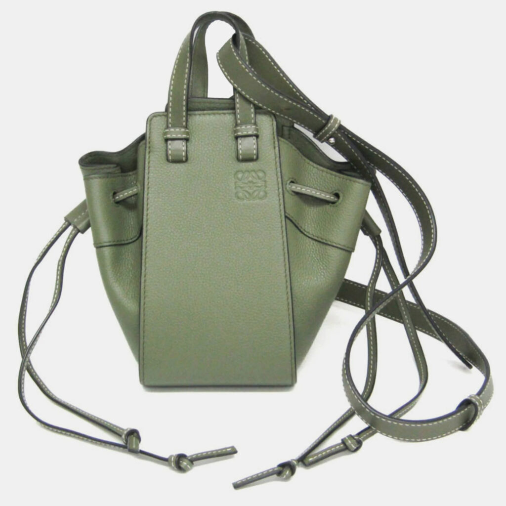 luxury-women-loewe-used-handbags-p1110967-001 Loewe Green Leather Hammock Drawstring Mini Shoulder Bag