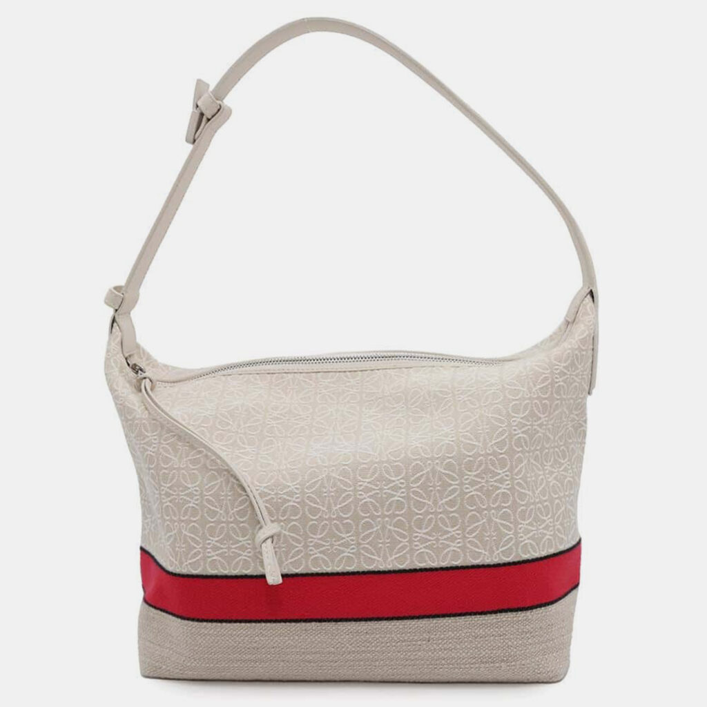 luxury-women-loewe-used-handbags-p1111217-002 Loewe Bag Beige/Red Canvas Leather Anagram Cuby Bag