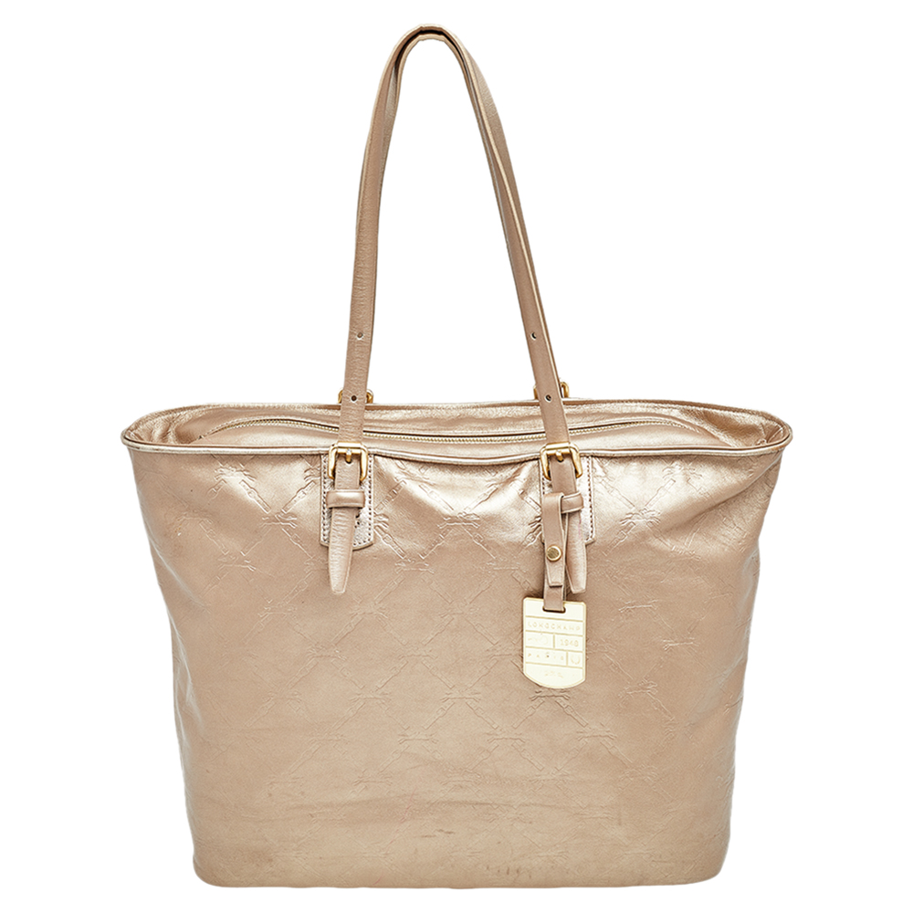 luxury-women-longchamp-used-handbags-p541491-001-1 Longchamp Gold Leather Large LM Cuir Shopping Tote
