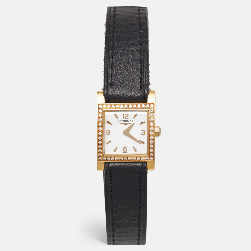 luxury-women-longines-used-watches-p1149947-002 Longines White 18K Yellow Gold Diamond Leather DolceVita L5.166.7.16.2 Women's Wristwatch 21 mm