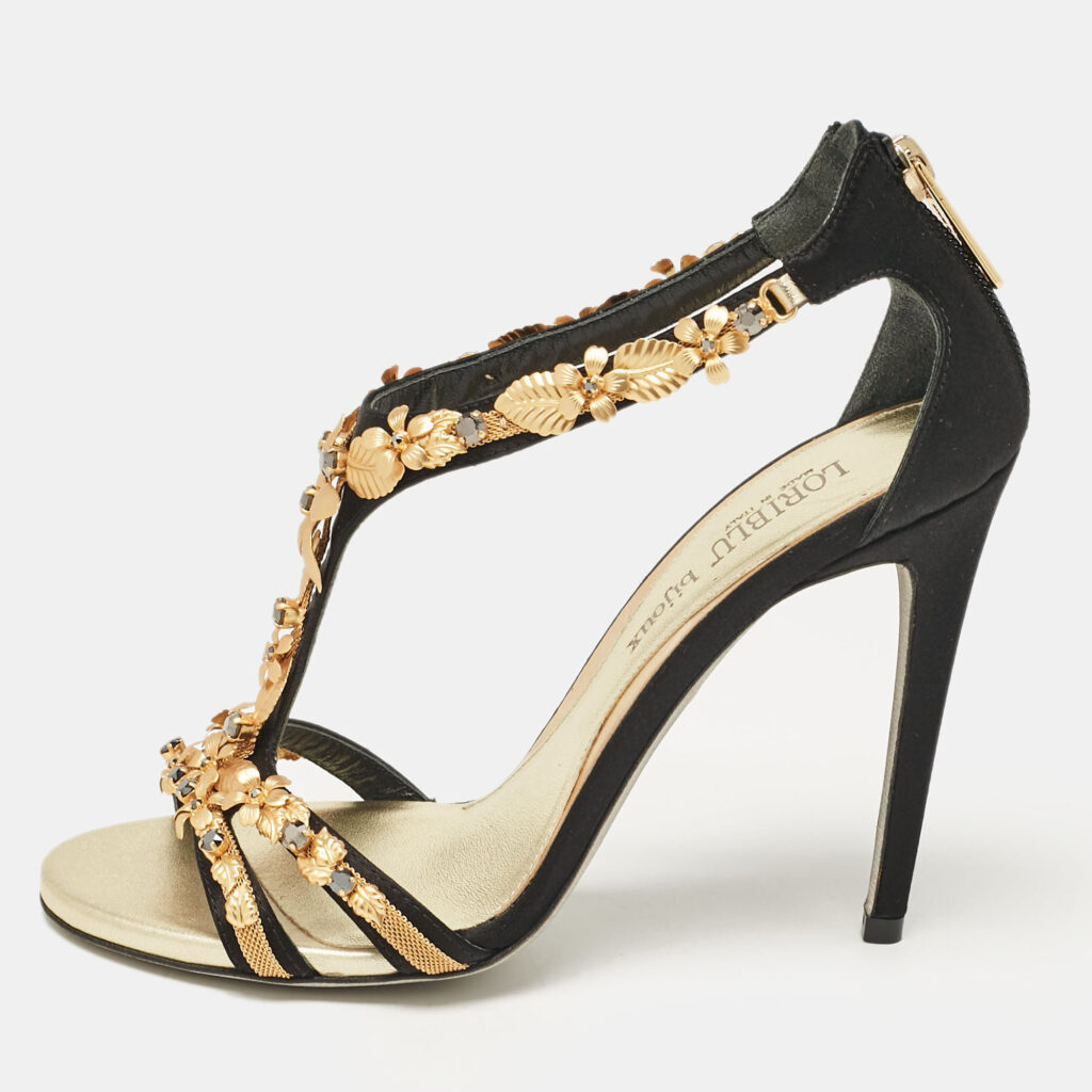 luxury-women-loriblu-used-shoes-p1054124-003 Loriblu Black Satin Floral Embellished Sandals Size 38