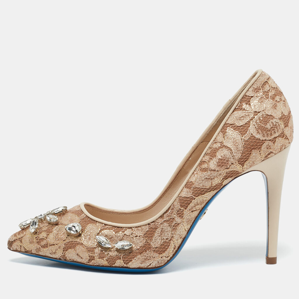 luxury-women-loriblu-used-shoes-p1129691-001 Loriblu Beige Lace Crystals Embellished Pointed Toe Pumps Size 38.5