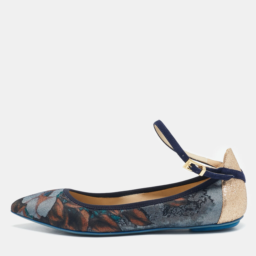 luxury-women-loriblu-used-shoes-p1145996-009 Loriblu Multicolor Floral Print Denim and Glitter Ankle Strap Ballet Flats Size 36