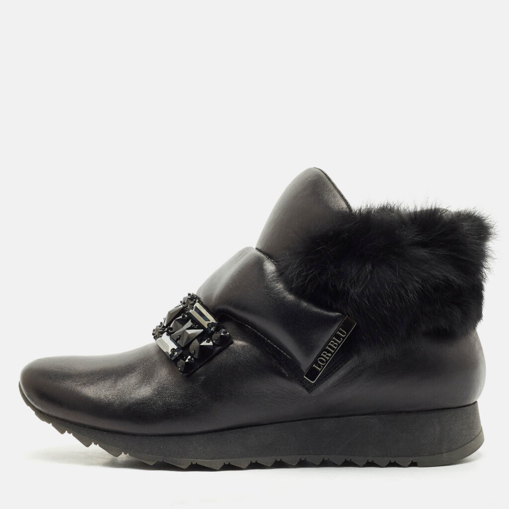Loriblu Black Faux Fur and Leather Crystals Embellished Sneakers Size 41
