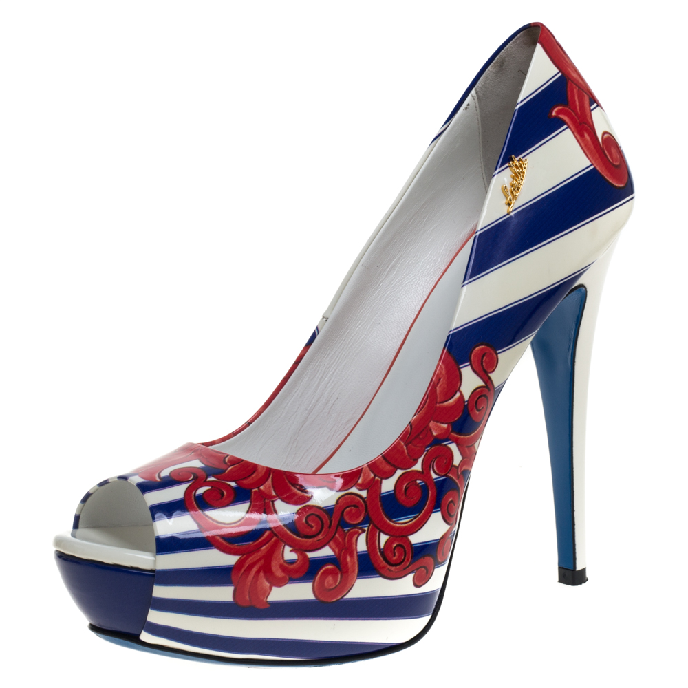 luxury-women-loriblu-used-shoes-p389269-006 Loriblu Multicolor Print Patent Leather Peep Toe Platform Pumps Size 40
