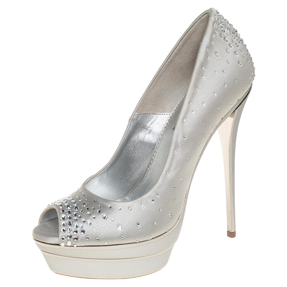 luxury-women-loriblu-used-shoes-p433645-005 Loriblu Silver Satin Crystal Embellished Peep Toe Platform Pumps Size 38