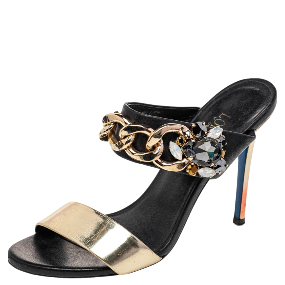 luxury-women-loriblu-used-shoes-p488968-007 Loriblu Black/Gold Leather Embellished Chain Detail Slide Sandals Size 37.5