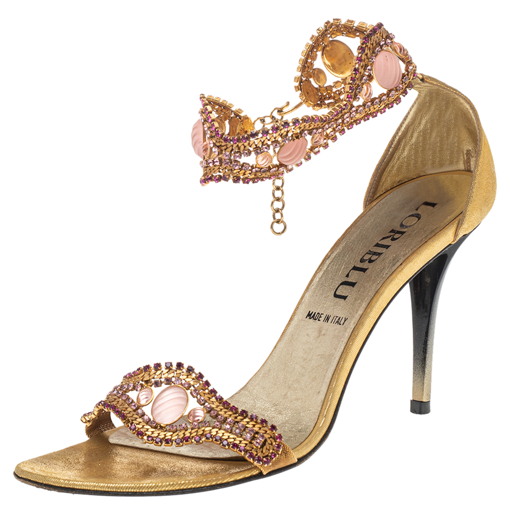 luxury-women-loriblu-used-shoes-p492233-003 Loriblu Gold Tone Metal And Suede Embellished Ankle Cuff Sandals Size 39
