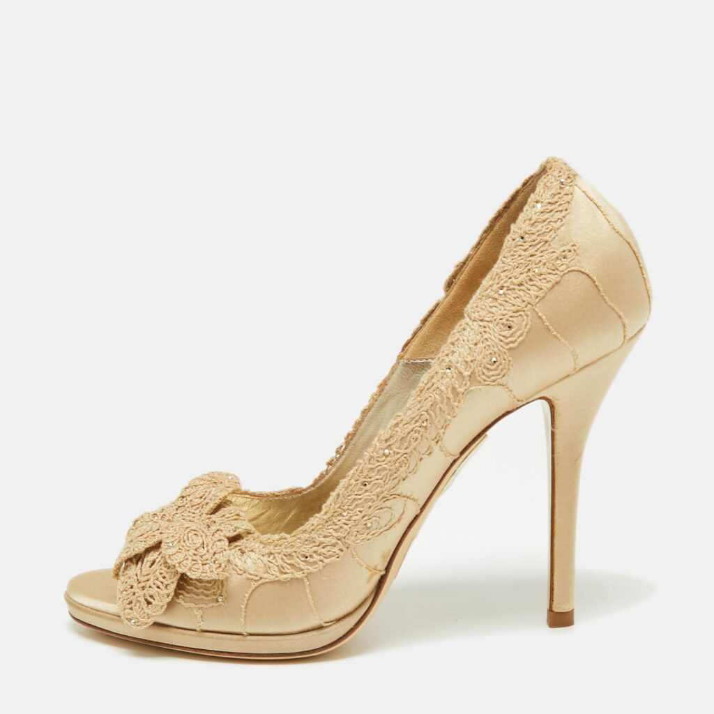 luxury-women-loriblu-used-shoes-p673456-001-1 Loriblu Beige Satin And Lace Embroidered Peep Toe Pumps Size 36