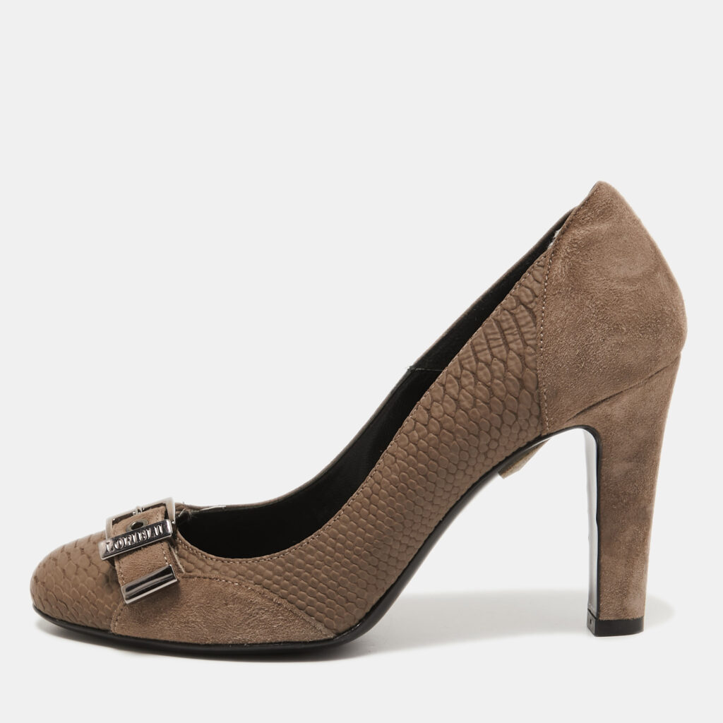 luxury-women-loriblu-used-shoes-p777436-001 Loriblu Brown Suede and Embossed Python Pumps Size 37.5