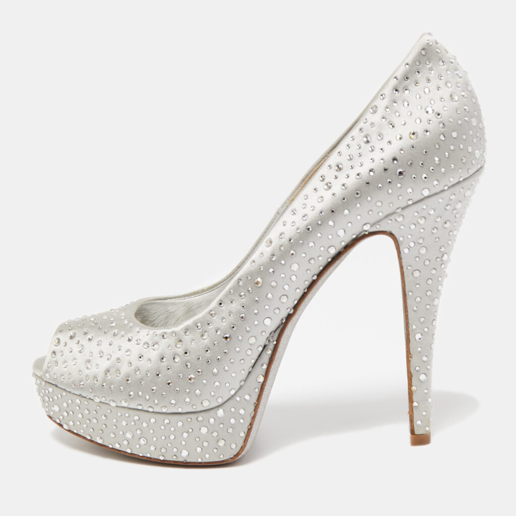 luxury-women-loriblu-used-shoes-p853817-001 Loriblu Silver Satin Crystal Embellished Peep Toe Platform Pumps Size 40