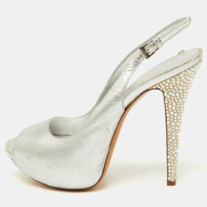Loriblu Metallic Silver Leather Crystal Embellished Slingback Platform Pumps Size 39.5