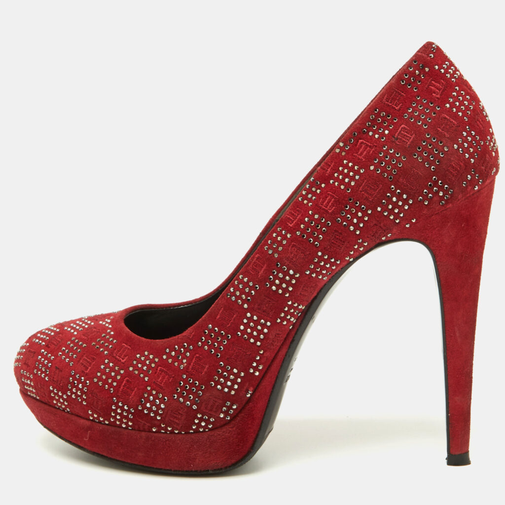 luxury-women-loriblu-used-shoes-p930748-005 Loriblu Red Suede Crystal Embellished Platform Pumps Size 38