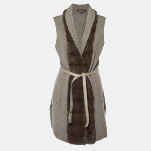 Loro Piana Grey Cashmere Knit Mink Fur Trim Belted Cardigan M