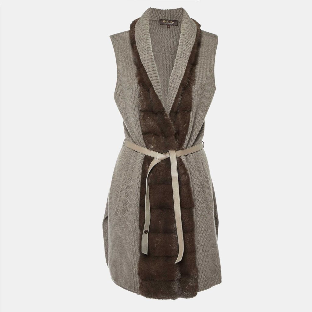 luxury-women-loro-piana-used-clothes-p1046234-001 Loro Piana Grey Cashmere Knit Mink Fur Trim Belted Cardigan M