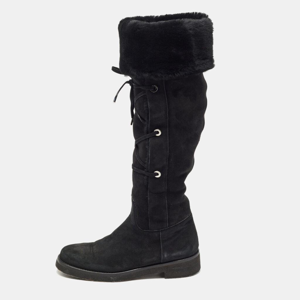 luxury-women-loro-piana-used-shoes-p791651-007 Loro Piana Black Suede and Fur Knee Length Flat Boots Size 40