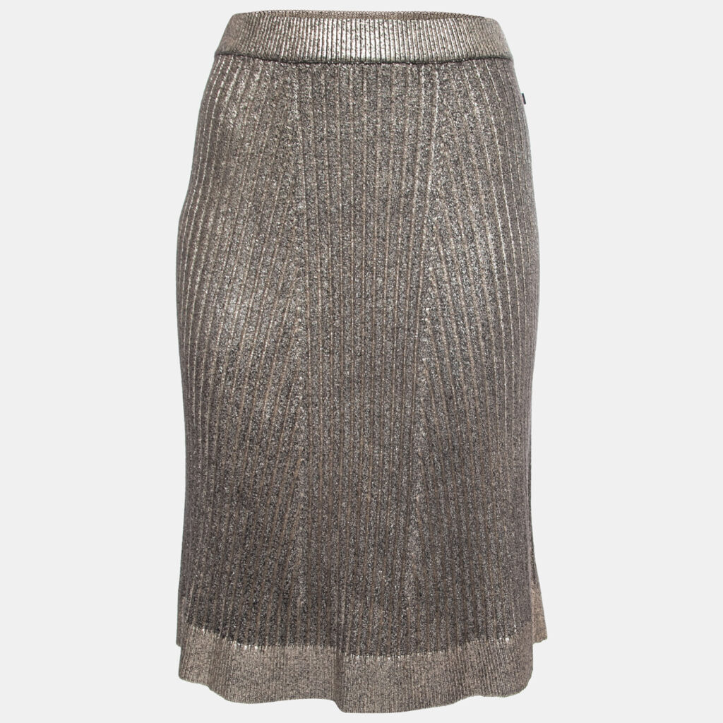 luxury-women-louis-vuitton-new-clothes-p757683-002 Louis Vuitton Metallic Gold Ribbed Knit A-Line Skirt L