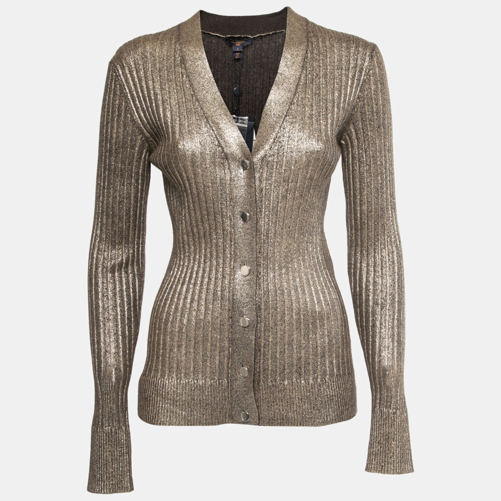 luxury-women-louis-vuitton-new-clothes-p758607-003 Louis Vuitton Gold Rib Knit Coated Wool Cardigan S