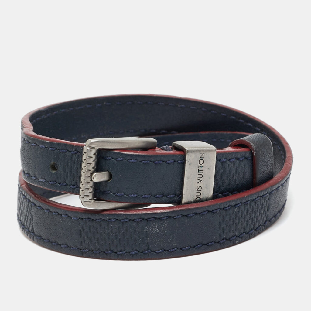 luxury-women-louis-vuitton-used-accessories-p1163195-003 Louis Vuitton Damier Leather Silver Tone Double Tour Bracelet 19