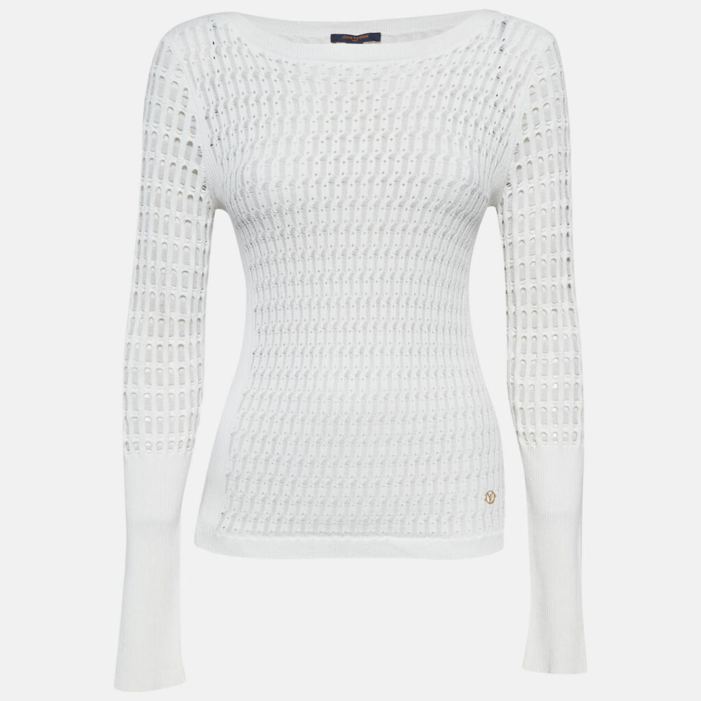 Louis Vuitton White Patterned Knit Full Sleeve Sweater Top M