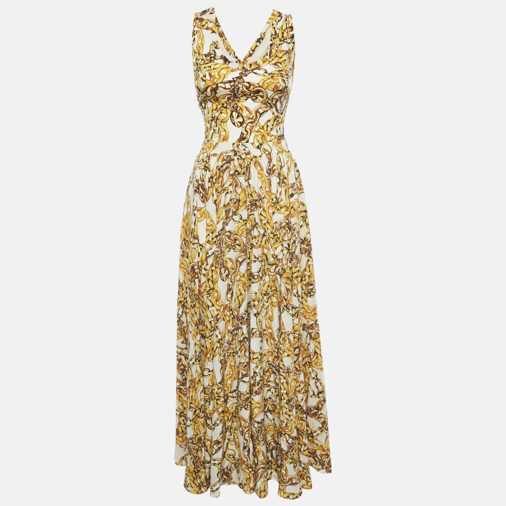 luxury-women-louis-vuitton-used-clothes-p1127196-002 Louis Vuitton Yellow Chain Print Silk Blend Sleeveless Maxi Dress S