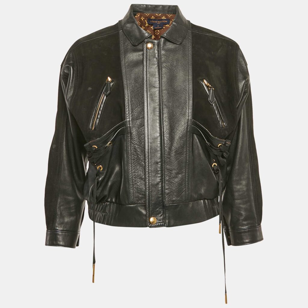 luxury-women-louis-vuitton-used-clothes-p1129218-003 Louis Vuitton Black Velvet and Leather Lace-Up Biker Jacket M