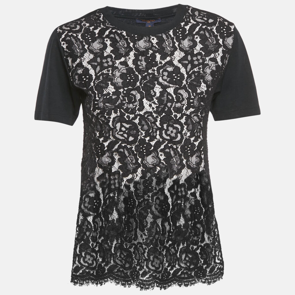 luxury-women-louis-vuitton-used-clothes-p1136965-001 Louis Vuitton Black Cotton Lace Overlay Crew Neck T-Shirt XS