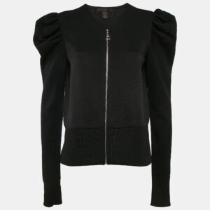 Louis Vuitton Black Wool Blend Knit Zip-Up Puff Sleeve Top L