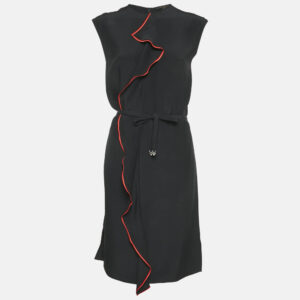 Louis Vuitton Black Silk Contrast Trim Detail Belted Midi Dress M
