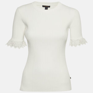 Louis Vuitton White Broderie Anglaise Trim Rib Knit Top S