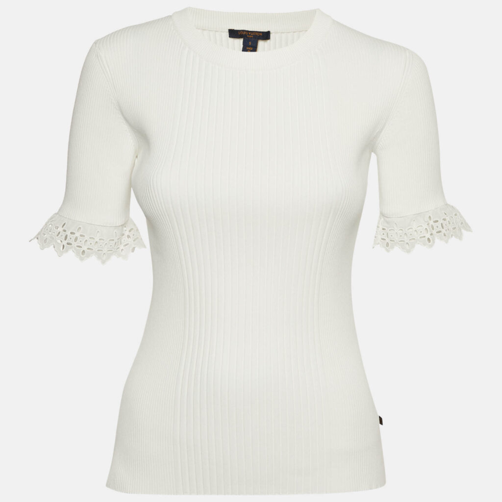 luxury-women-louis-vuitton-used-clothes-p1144868-002 Louis Vuitton White Broderie Anglaise Trim Rib Knit Top S